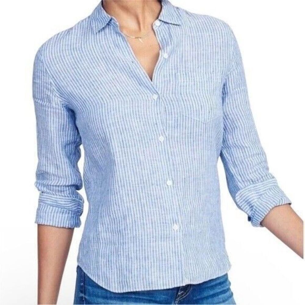 UnTuckIt Size 16 Women Shirt Button Up Long Sleeve Blue White Stripe Villa Fiore